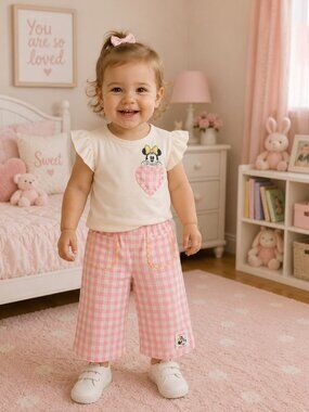 NWT - Disney Jr Minnie Pink Checkered 2-piece Pant Set - 18 Months